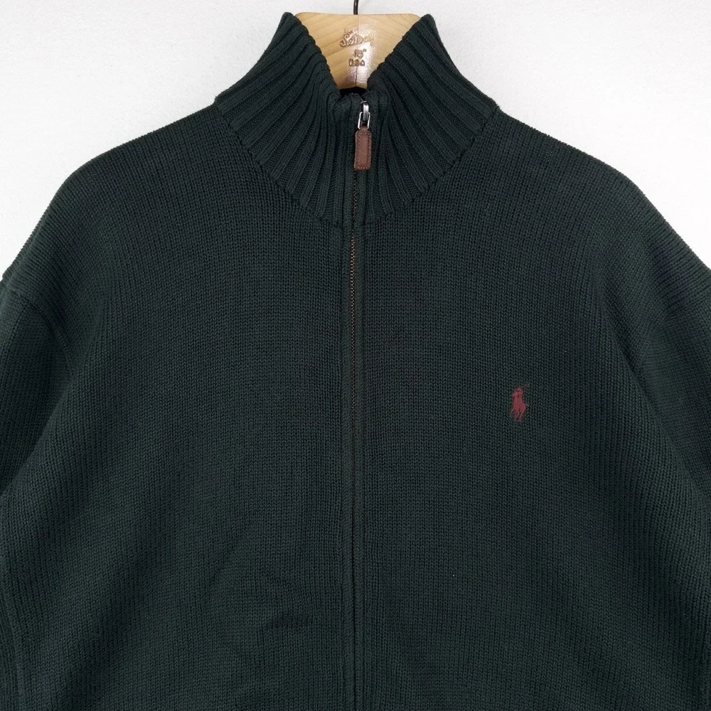 90's Vtg Polo Ralph Lauren Heavy Knit Zip Sweater Jacket Men's L Hunter Green